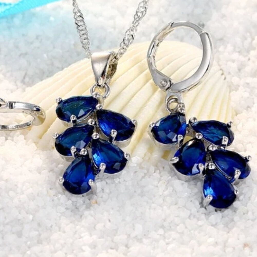 Navy Austrian Crystal and Sterling Silver Necklace and Earring Set